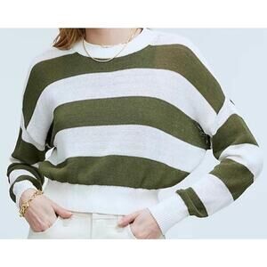 Madewell Loose Fit Crewneck Sweater Striped White Green Women's XXS NWT‎